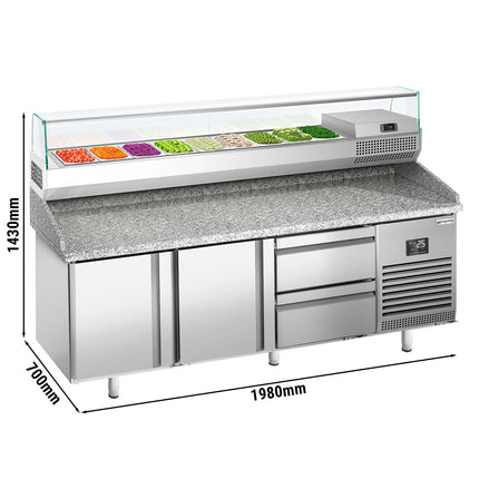 GGM Gastro Commercial Pizza Prep Counter - Granite Top PREMIUM PLUS - 1980x700mm - with 2 doors & 2 drawers - incl. refrigerated topping unit with glass sneeze guard - 9x GN 1/4
