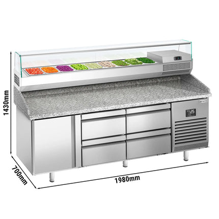 GGM Gastro Commercial Pizza Prep Counter - Granite Top PREMIUM PLUS - 1980x700mm - with 1 doors & 4 drawers - incl. refrigerated topping unit with glass sneeze guard - 9x GN 1/4