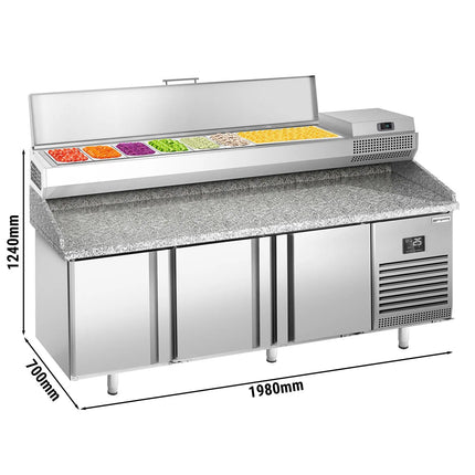 GGM Gastro Commercial Pizza Prep Counter - Granite Top PREMIUM PLUS - 1980x700mm - with 3 doors - incl. refrigerated topping unit - 9x GN 1/4