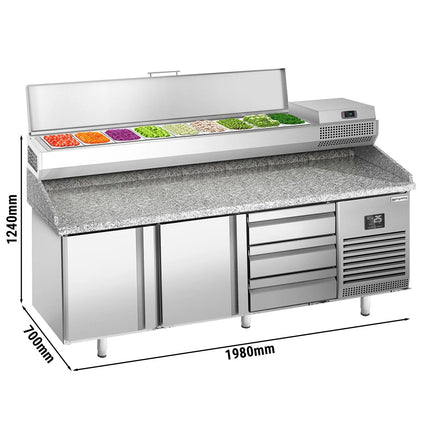 GGM Gastro Commercial Pizza Prep Counter - Granite Top PREMIUM PLUS - 1980x700mm - with 2 doors & 3 drawers - incl. refrigerated topping unit - 9x GN 1/4