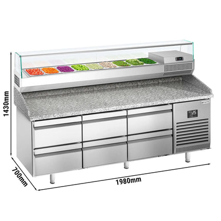 GGM Gastro Commercial Pizza Prep Counter - Granite Top PREMIUM PLUS - 1980x700mm - with 0 doors & 6 dough drawers - incl. refrigerated topping unit with glass sneeze guard - 9x GN 1/4