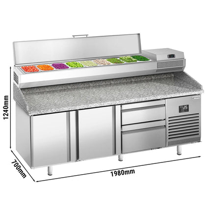 GGM Gastro Commercial Pizza Prep Counter - Granite Top PREMIUM PLUS - 1980x700mm - with 2 doors & 2 drawers - incl. refrigerated topping unit - 9x GN 1/4