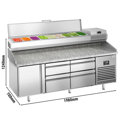 GGM Gastro Commercial Pizza Prep Counter - Granite Top PREMIUM PLUS - 1980x700mm - with 1 doors & 4 drawers - incl. refrigerated topping unit - 9x GN 1/4