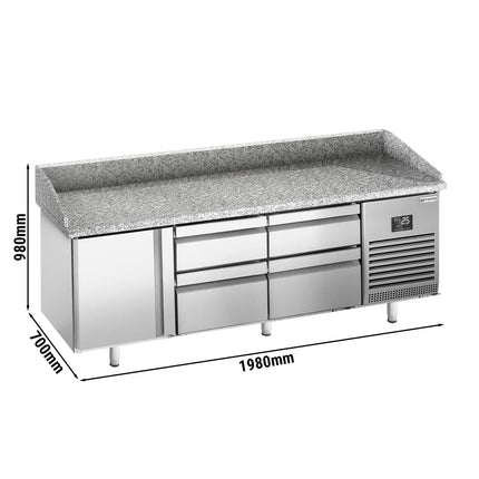 GGM Gastro Commercial Pizza Prep Counter - Granite Top PREMIUM PLUS - 1980x700mm - with 1 doors & 4 drawers