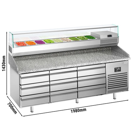 GGM Gastro Commercial Pizza Prep Counter - Granite Top PREMIUM PLUS - 1980x700mm - with 0 doors & 9 dough drawers - incl. refrigerated topping unit with glass sneeze guard - 9x GN 1/4