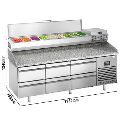 GGM Gastro Commercial Pizza Prep Counter - Granite Top PREMIUM PLUS - 1980x700mm - with 0 doors & 6 dough drawers - incl. refrigerated topping unit - 9x GN 1/4