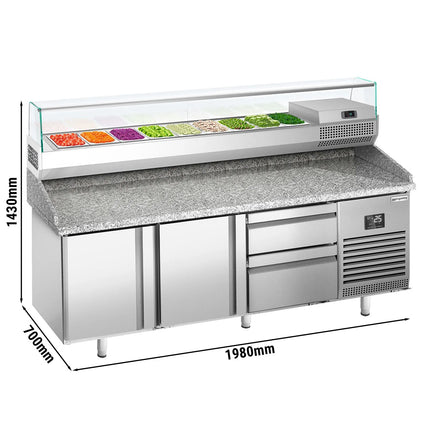 GGM Gastro Commercial Pizza Prep Counter - Granite Top PREMIUM PLUS - 1980x700mm - with 2 doors & 2 drawers - incl. refrigerated topping unit with glass sneeze guard - 9x GN 1/4