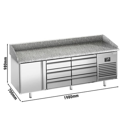 GGM Gastro Commercial Pizza Prep Counter - Granite Top PREMIUM PLUS - 1980x700mm - with 1 doors & 6 drawers - incl. refrigerated topping unit - 11x GN 1/4