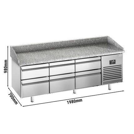 GGM Gastro Commercial Pizza Prep Counter - Granite Top PREMIUM PLUS - 1980x700mm - with 0 doors & 6 drawers