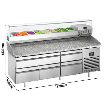 GGM Gastro Commercial Pizza Prep Counter - Granite Top PREMIUM PLUS - 1980x700mm - with 0 doors & 6 dough drawers - incl. refrigerated topping unit with glass sneeze guard - 9x GN 1/4