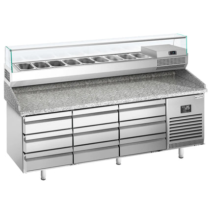 GGM Gastro Commercial Pizza Prep Counter - Granite Top PREMIUM PLUS - 1980x700mm - with 0 doors & 9 dough drawers - incl. refrigerated topping unit with glass sneeze guard - 9x GN 1/4