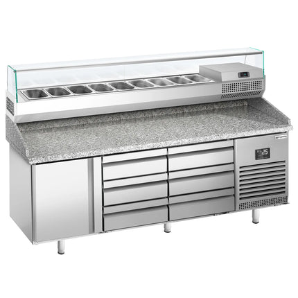 GGM Gastro Commercial Pizza Prep Counter - Granite Top PREMIUM PLUS - 1980x700mm - with 1 doors & 6 drawers - incl. refrigerated topping unit with glass sneeze guard - 9x GN 1/4