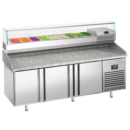 GGM Gastro Commercial Pizza Prep Counter - Granite Top PREMIUM PLUS - 1980x700mm - with 3 doors - incl. refrigerated topping unit with glass sneeze guard - 9x GN 1/4
