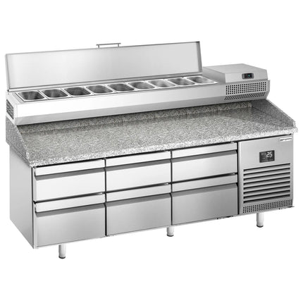 GGM Gastro Commercial Pizza Prep Counter - Granite Top PREMIUM PLUS - 1980x700mm - with 0 doors & 6 drawers - incl. refrigerated topping unit - 9x GN 1/4