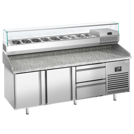 GGM Gastro Commercial Pizza Prep Counter - Granite Top PREMIUM PLUS - 1980x700mm - with 2 doors & 2 drawers - incl. refrigerated topping unit with glass sneeze guard - 9x GN 1/4