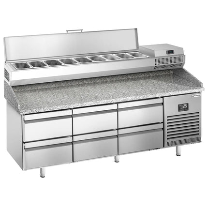 GGM Gastro Commercial Pizza Prep Counter - Granite Top PREMIUM PLUS - 1980x700mm - with 0 doors & 6 dough drawers - incl. refrigerated topping unit - 9x GN 1/4