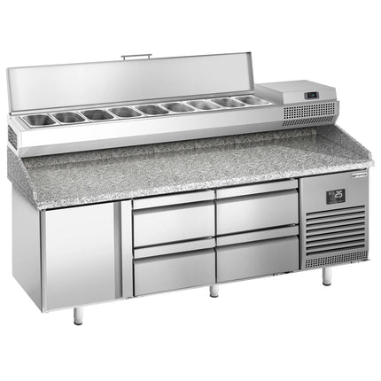 GGM Gastro Commercial Pizza Prep Counter - Granite Top PREMIUM PLUS - 1980x700mm - with 1 doors & 4 drawers - incl. refrigerated topping unit - 9x GN 1/4