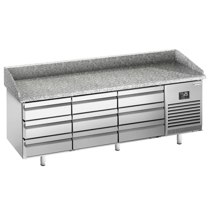 GGM Gastro Commercial Pizza Prep Counter - Granite Top PREMIUM PLUS - 1980x700mm - with 0 doors & 9 dough drawers