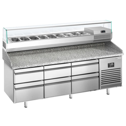 GGM Gastro Commercial Pizza Prep Counter - Granite Top PREMIUM PLUS - 1980x700mm - with 0 doors & 6 dough drawers - incl. refrigerated topping unit with glass sneeze guard - 9x GN 1/4