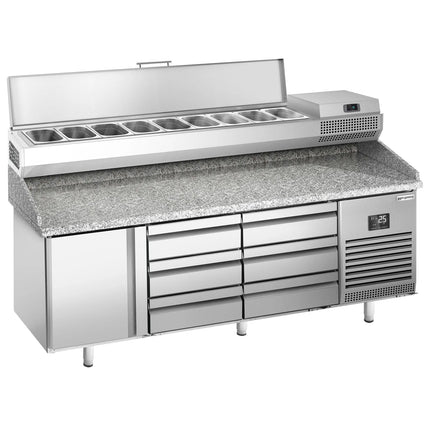 GGM Gastro Commercial Pizza Prep Counter - Granite Top PREMIUM PLUS - 1980x700mm - with 1 doors & 6 drawers - incl. refrigerated topping unit - 9x GN 1/4