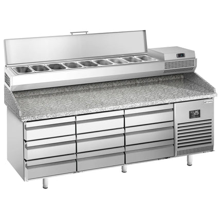 GGM Gastro Commercial Pizza Prep Counter - Granite Top PREMIUM PLUS - 1980x700mm - with 0 doors & 9 drawers - incl. refrigerated topping unit - 9x GN 1/4