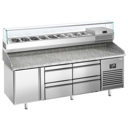 GGM Gastro Commercial Pizza Prep Counter - Granite Top PREMIUM PLUS - 1980x700mm - with 1 doors & 4 drawers - incl. refrigerated topping unit with glass sneeze guard - 9x GN 1/4