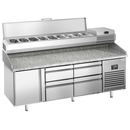 GGM Gastro Commercial Pizza Prep Counter - Granite Top PREMIUM PLUS - 1980x700mm - with 1 doors & 4 drawers - incl. refrigerated topping unit - 9x GN 1/4