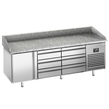 GGM Gastro Commercial Pizza Prep Counter - Granite Top PREMIUM PLUS - 1980x700mm - with 1 doors & 6 drawers - incl. refrigerated topping unit - 11x GN 1/4