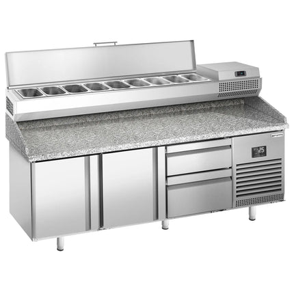 GGM Gastro Commercial Pizza Prep Counter - Granite Top PREMIUM PLUS - 1980x700mm - with 2 doors & 2 drawers - incl. refrigerated topping unit - 9x GN 1/4