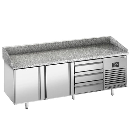 GGM Gastro Commercial Pizza Prep Counter - Granite Top PREMIUM PLUS - 1980x1139mm - with 2 doors & 3 drawers - incl. refrigerated topping unit - 10x GN 1/4