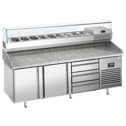 GGM Gastro Commercial Pizza Prep Counter - Granite Top PREMIUM PLUS - 1980x700mm - with 2 doors & 3 drawers - incl. refrigerated topping unit with glass sneeze guard - 9x GN 1/4