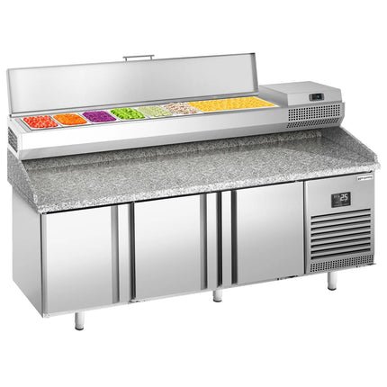 GGM Gastro Commercial Pizza Prep Counter - Granite Top PREMIUM PLUS - 1980x700mm - with 3 doors - incl. refrigerated topping unit - 9x GN 1/4