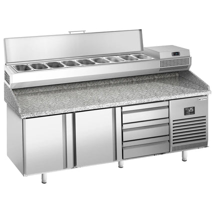 GGM Gastro Commercial Pizza Prep Counter - Granite Top PREMIUM PLUS - 1980x700mm - with 2 doors & 3 drawers - incl. refrigerated topping unit - 9x GN 1/4