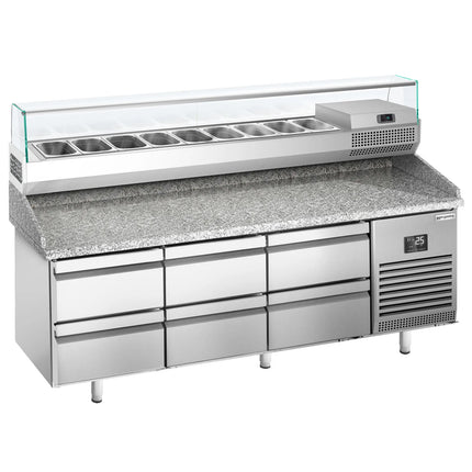 GGM Gastro Commercial Pizza Prep Counter - Granite Top PREMIUM PLUS - 1980x700mm - with 0 doors & 6 dough drawers - incl. refrigerated topping unit with glass sneeze guard - 9x GN 1/4