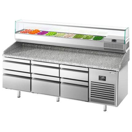 GGM Gastro Commercial Pizza Prep Counter - Granite Top PREMIUM PLUS - 1980x700mm - with 0 doors & 6 dough drawers - incl. refrigerated topping unit with glass sneeze guard - 9x GN 1/4