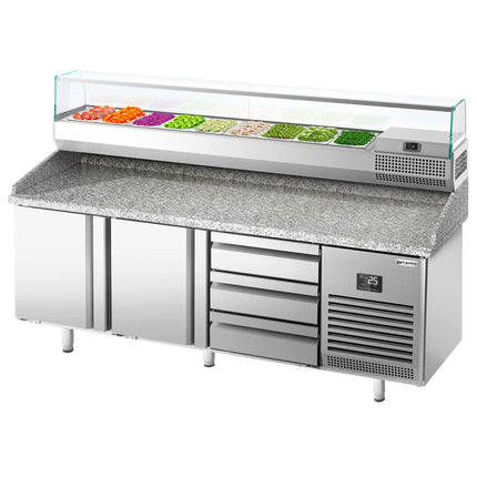 GGM Gastro Commercial Pizza Prep Counter - Granite Top PREMIUM PLUS - 1980x700mm - with 2 doors & 3 drawers - incl. refrigerated topping unit with glass sneeze guard - 9x GN 1/4