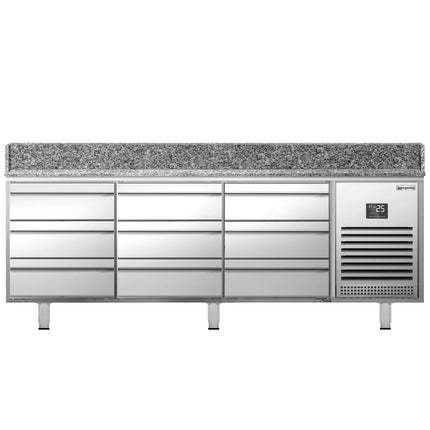 GGM Gastro Commercial Pizza Prep Counter - Granite Top PREMIUM PLUS - 1980x700mm - with 0 doors & 9 dough drawers