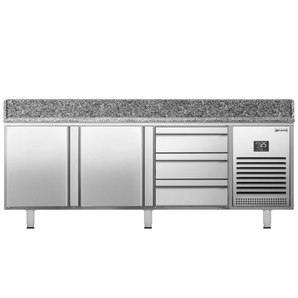 GGM Gastro Commercial Pizza Prep Counter - Granite Top PREMIUM PLUS - 1980x1139mm - with 2 doors & 3 drawers - incl. refrigerated topping unit - 10x GN 1/4