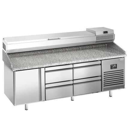 GGM Gastro Commercial Pizza Prep Counter - Granite Top PREMIUM PLUS - 1980x700mm - with 1 doors & 4 drawers - incl. refrigerated topping unit - 9x GN 1/4