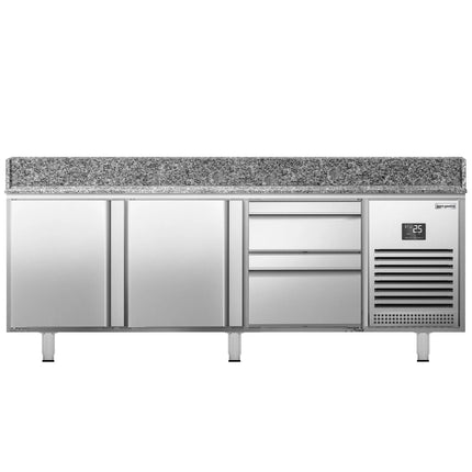 GGM Gastro Commercial Pizza Prep Counter - Granite Top PREMIUM PLUS - 1980x700mm - with 2 doors & 2 drawers