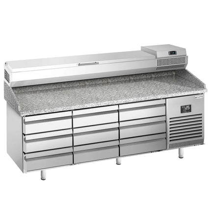 GGM Gastro Commercial Pizza Prep Counter - Granite Top PREMIUM PLUS - 1980x700mm - with 0 doors & 9 drawers - incl. refrigerated topping unit - 9x GN 1/4