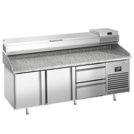 GGM Gastro Commercial Pizza Prep Counter - Granite Top PREMIUM PLUS - 1980x700mm - with 2 doors & 2 drawers - incl. refrigerated topping unit - 9x GN 1/4