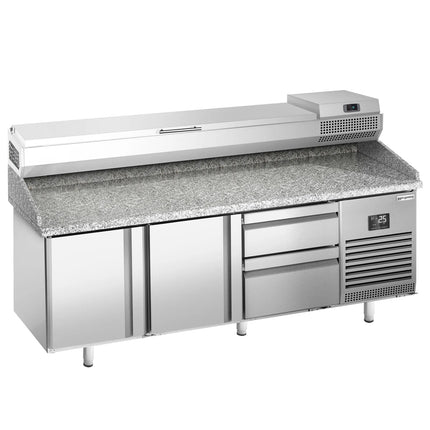 GGM Gastro Commercial Pizza Prep Counter - Granite Top PREMIUM PLUS - 1980x700mm - with 2 doors & 2 drawers - incl. refrigerated topping unit - 9x GN 1/4