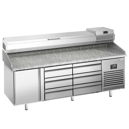 GGM Gastro Commercial Pizza Prep Counter - Granite Top PREMIUM PLUS - 1980x700mm - with 1 doors & 6 drawers - incl. refrigerated topping unit - 9x GN 1/4