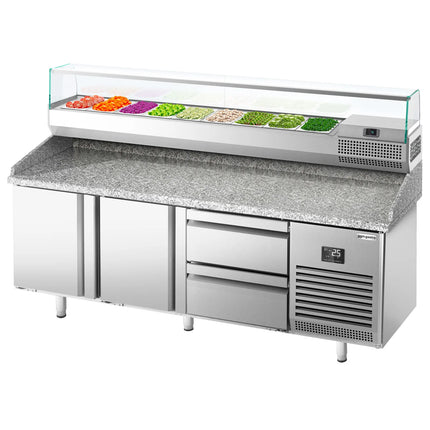 GGM Gastro Commercial Pizza Prep Counter - Granite Top PREMIUM PLUS - 1980x700mm - with 2 doors & 2 drawers - incl. refrigerated topping unit with glass sneeze guard - 9x GN 1/4