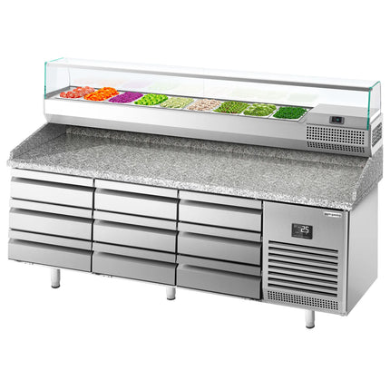 GGM Gastro Commercial Pizza Prep Counter - Granite Top PREMIUM PLUS - 1980x700mm - with 0 doors & 9 dough drawers - incl. refrigerated topping unit with glass sneeze guard - 9x GN 1/4