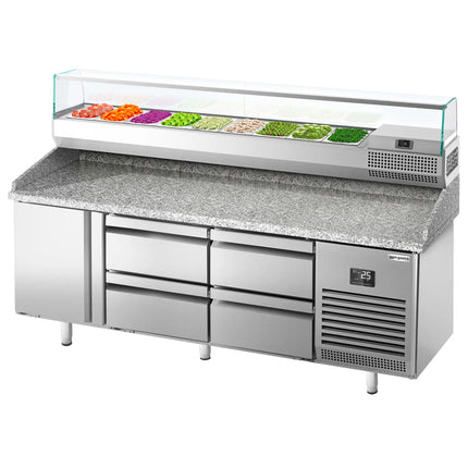GGM Gastro Commercial Pizza Prep Counter - Granite Top PREMIUM PLUS - 1980x700mm - with 1 doors & 4 drawers - incl. refrigerated topping unit with glass sneeze guard - 9x GN 1/4