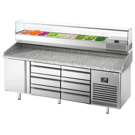 GGM Gastro Commercial Pizza Prep Counter - Granite Top PREMIUM PLUS - 1980x700mm - with 1 doors & 6 drawers - incl. refrigerated topping unit with glass sneeze guard - 9x GN 1/4