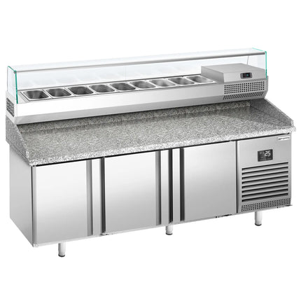 GGM Gastro Commercial Pizza Prep Counter - Granite Top PREMIUM PLUS - 1980x700mm - with 3 doors - incl. refrigerated topping unit with glass sneeze guard - 9x GN 1/4