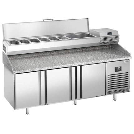GGM Gastro Commercial Pizza Prep Counter - Granite Top PREMIUM PLUS - 1980x700mm - with 3 doors - incl. refrigerated topping unit - 9x GN 1/4